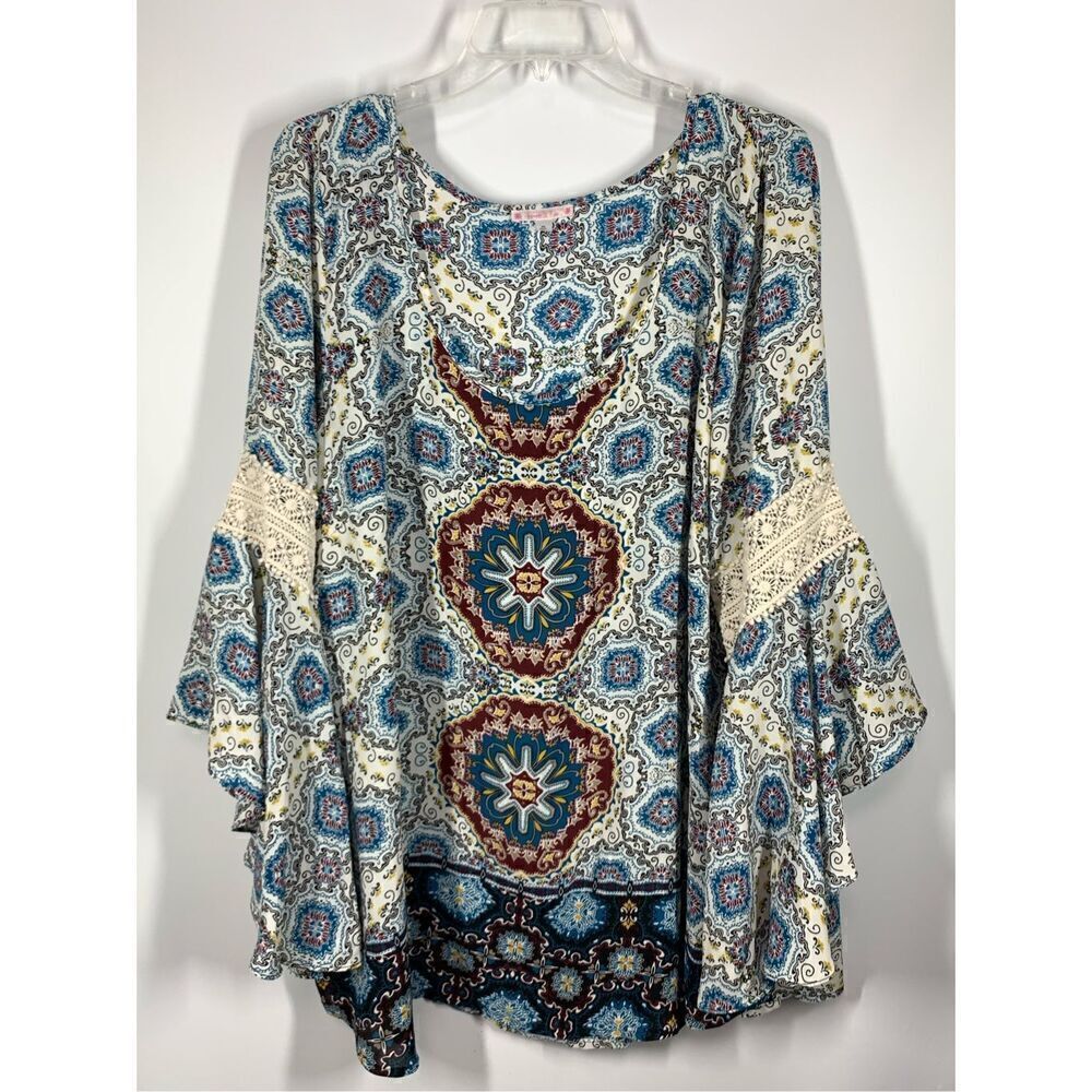 Free 2 Luv Womens Geometric Bell Sleeve Scoop Neckline Blouse Multicolor Size 3X